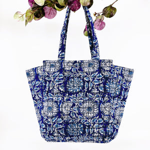 Hand Block Printed; Large Quilted Shoulder Bags; Indigo Blue