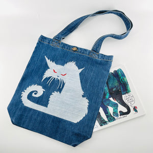 My Neighbor's "Scary Cat" Denim Tote Bag | Blue Denim