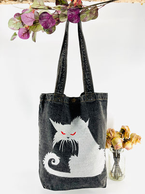 My Neighbor's "Scary Cat" Denim Tote Bag | Charcoal Denim