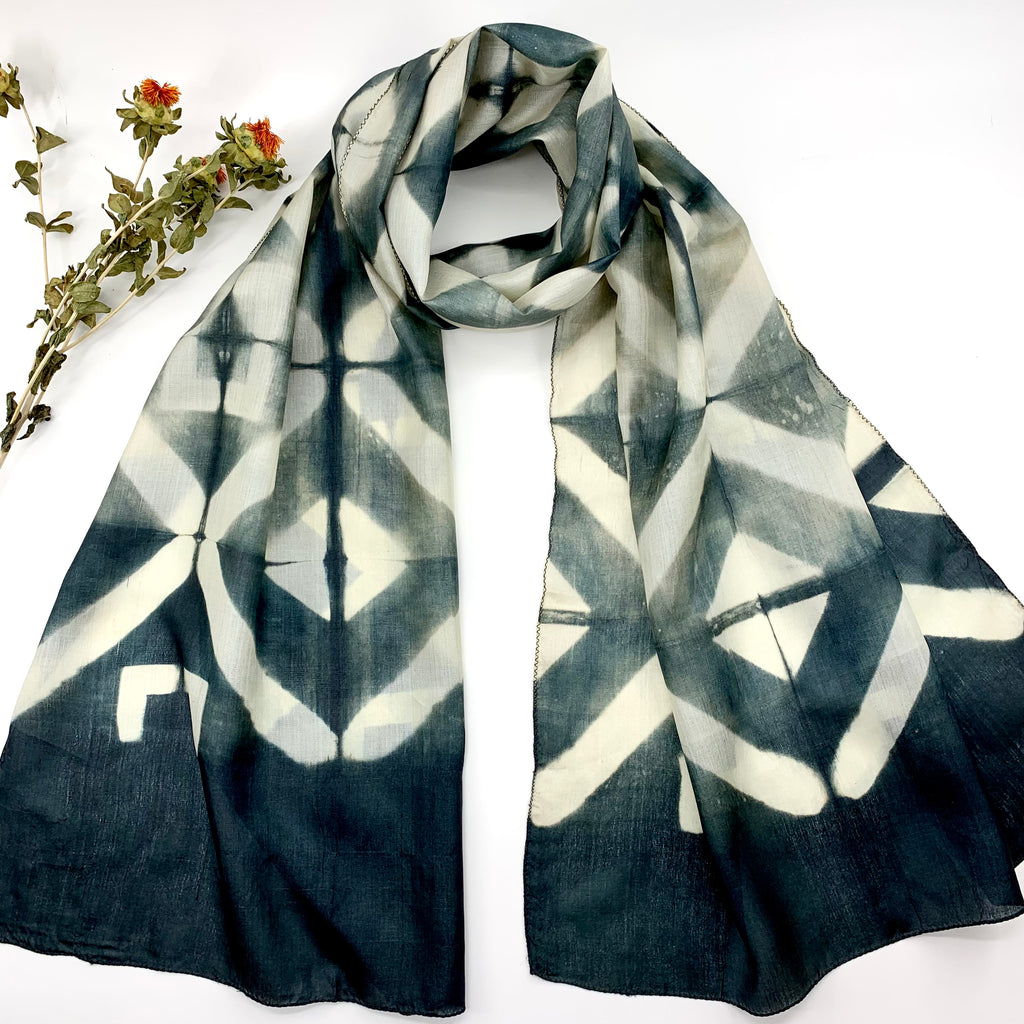 Shibori Inspired Tie-dye, Tusser Silk Scarves - Grey
