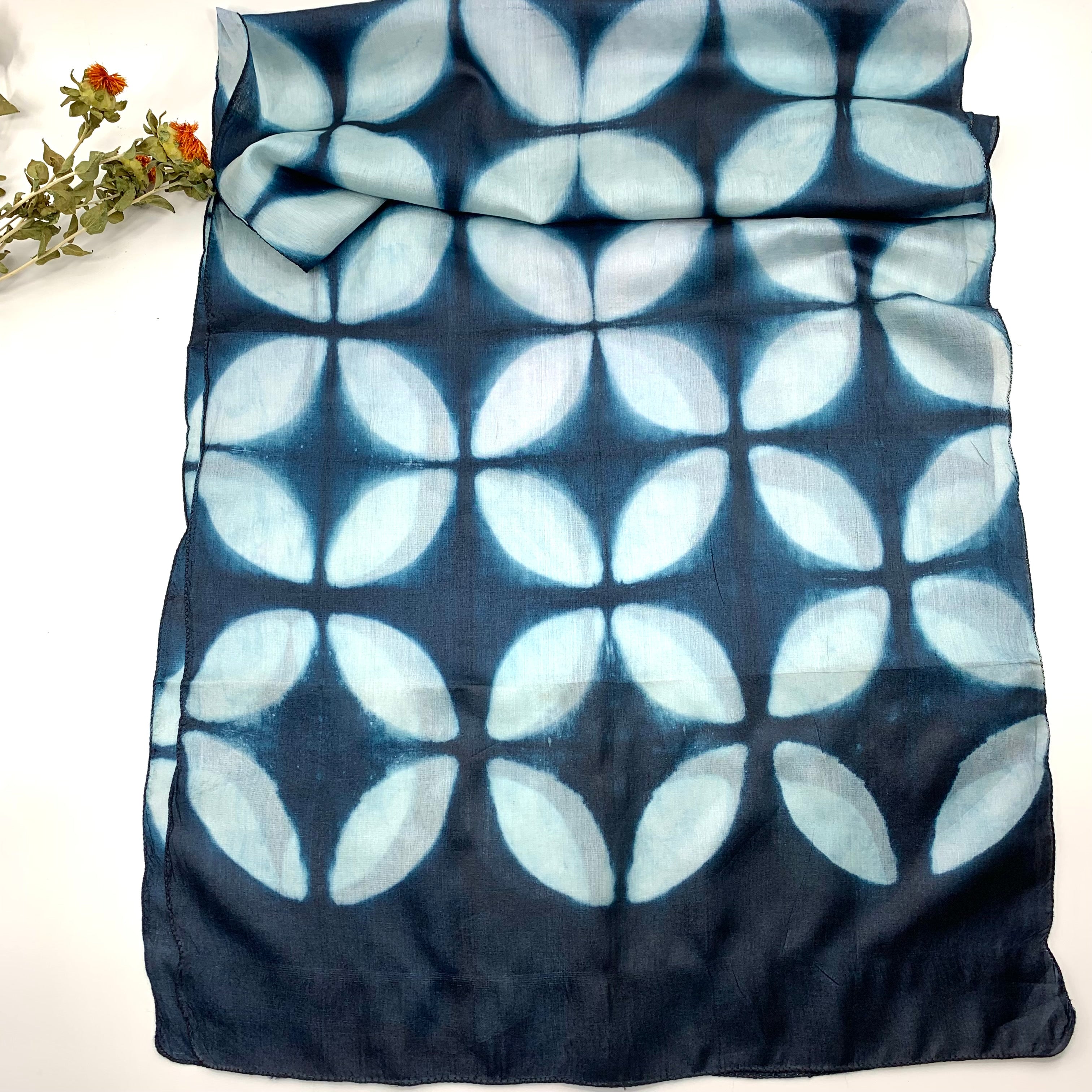 Shibori Inspired Tie-dye, Tusser Silk Scarves - Blue
