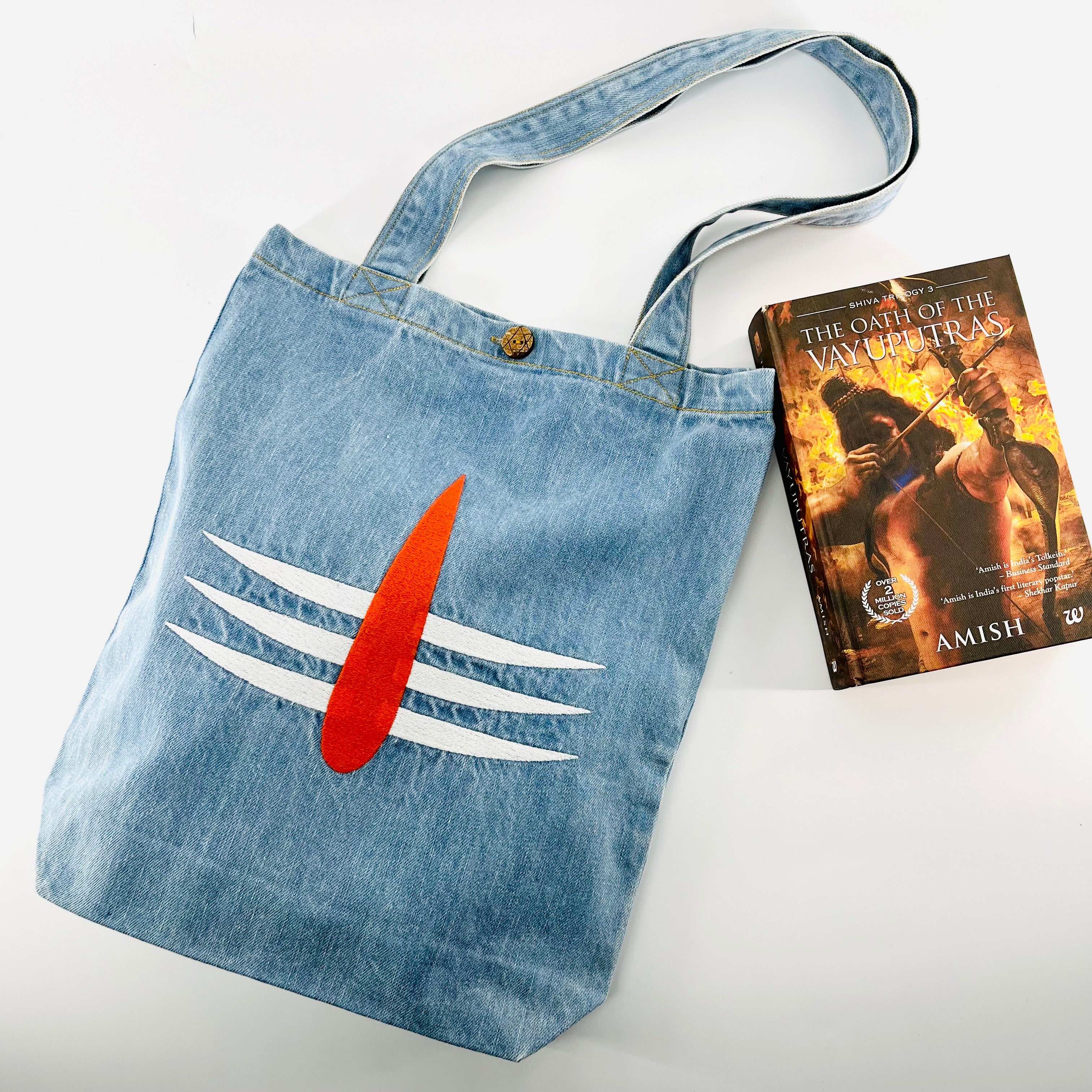 "Third Eye of Lord Shiva" Denim Tote Bag | Light Blue Denim