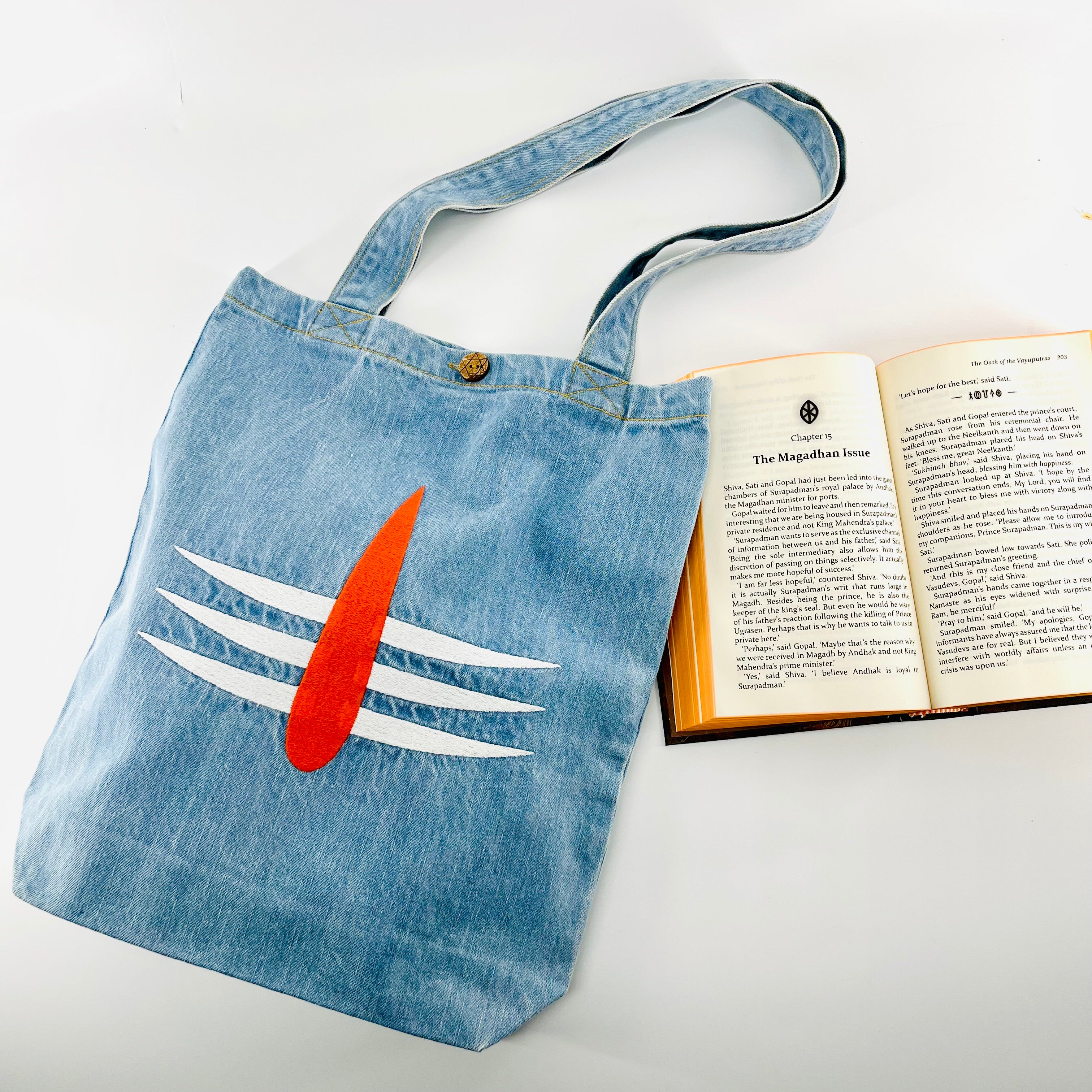 "Third Eye of Lord Shiva" Denim Tote Bag | Light Blue Denim