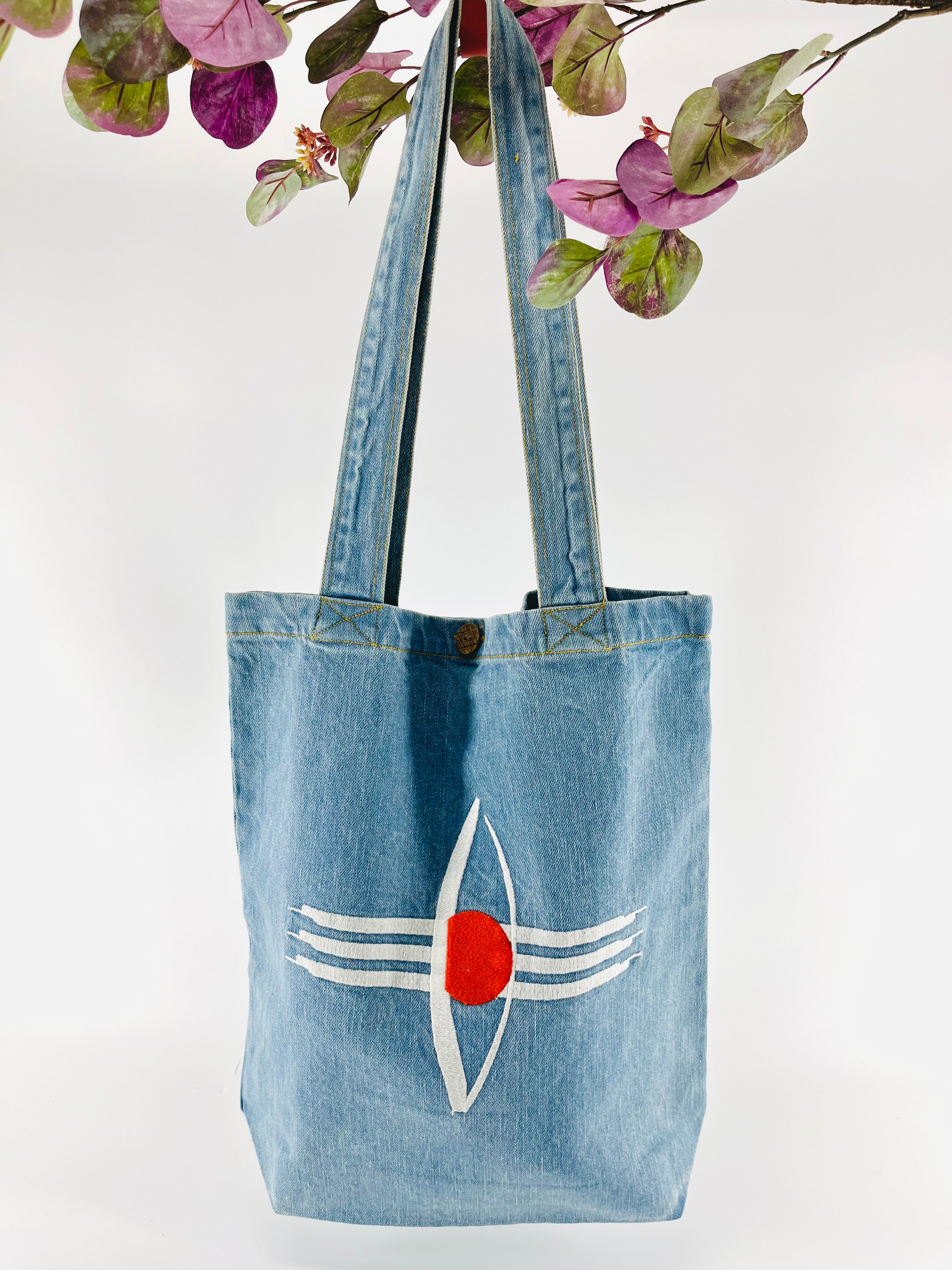 "Third Eye of Lord Shiva" Denim Tote Bag | Light Blue Denim