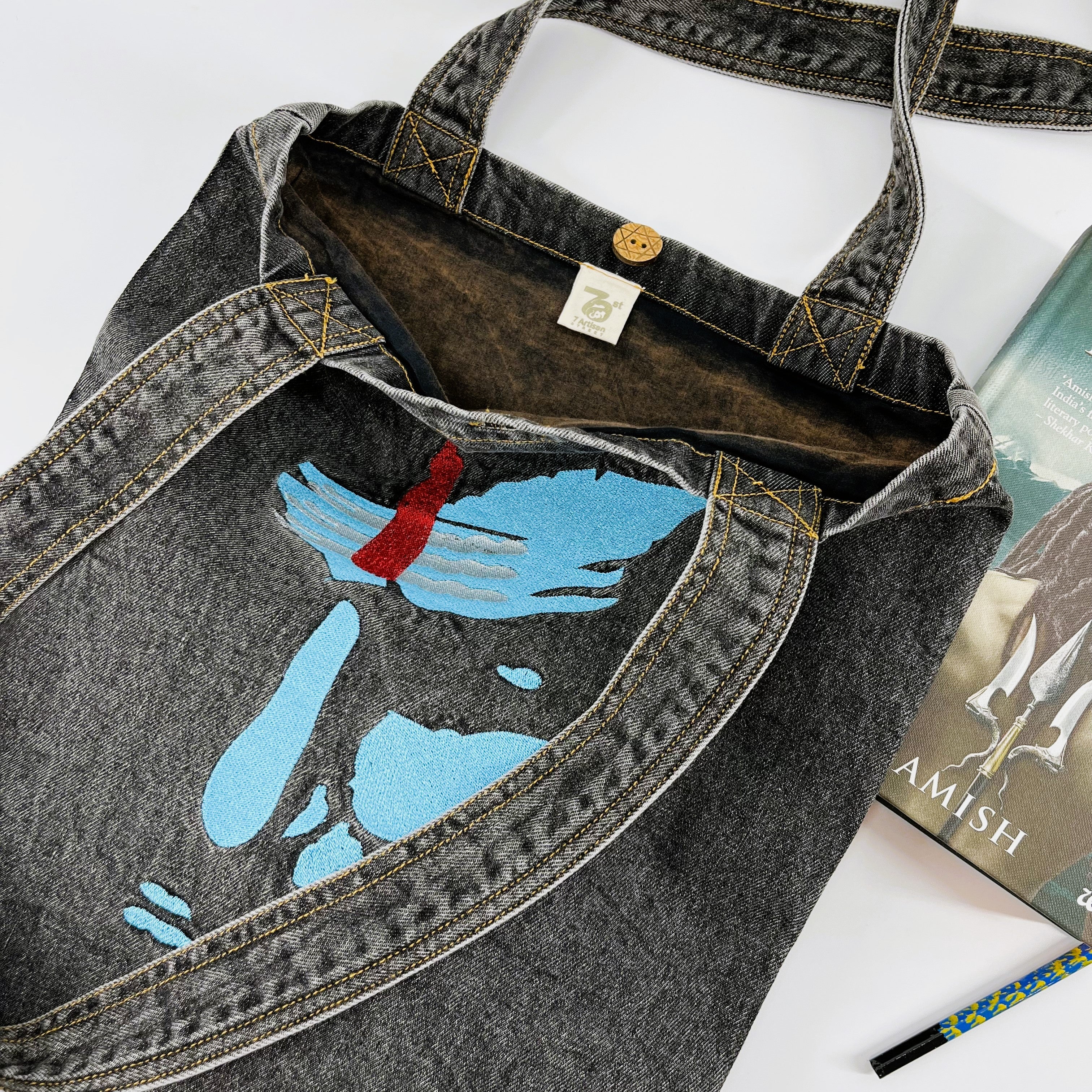 "The Blues of Lord Shiva" Denim Tote Bag | Charcoal Denim