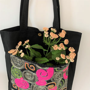 Sequin Embroidery Denim Collection Tote Bag : BLACK