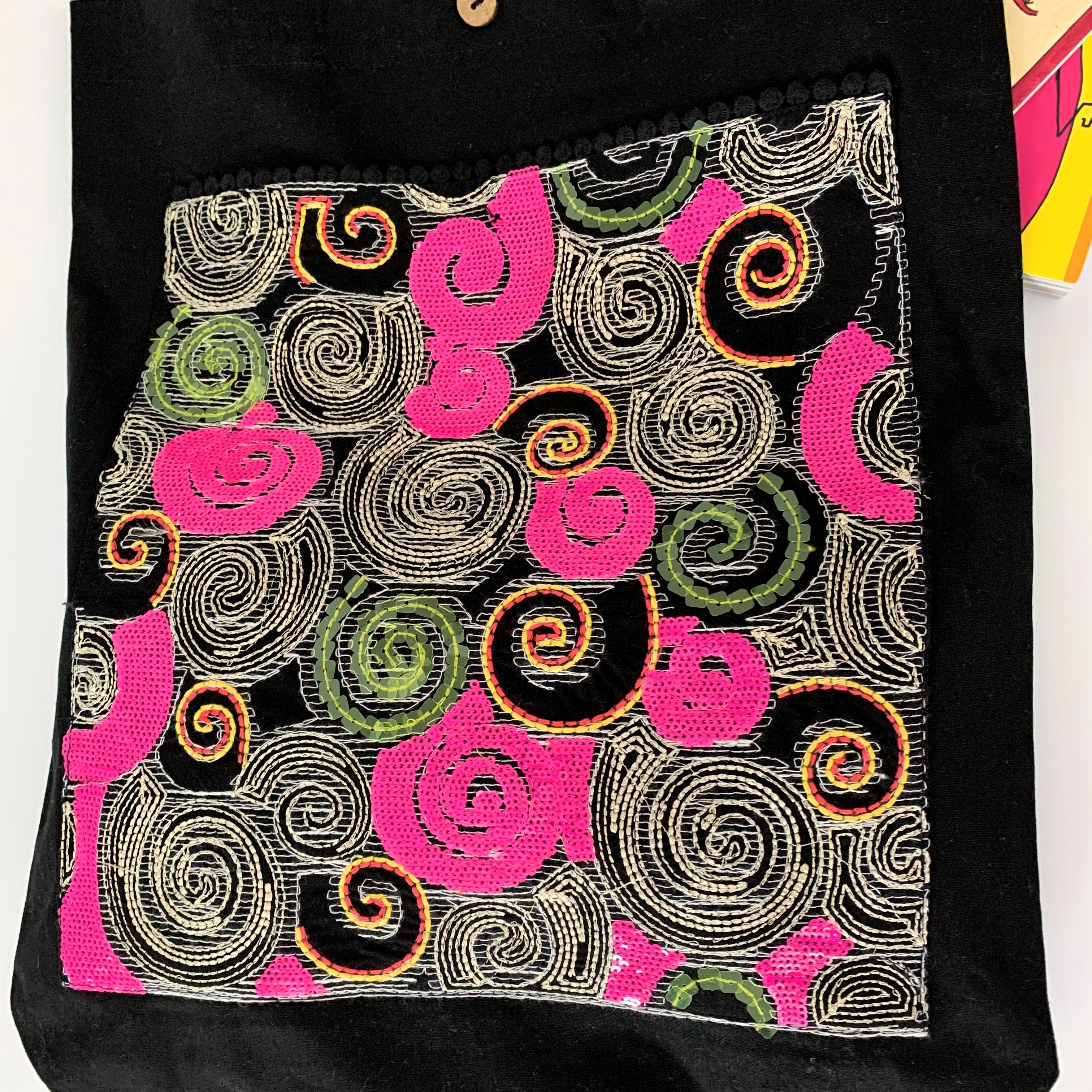 Sequin Embroidery Denim Collection Tote Bag : BLACK