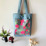 Sequin Embroidery Denim Collection Tote Bag : BLUE