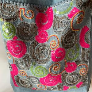 Sequin Embroidery Denim Collection Tote Bag : BLUE