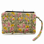 Wristlets : Block Printed Large Cotton Zipper Pouches - Tan Floral