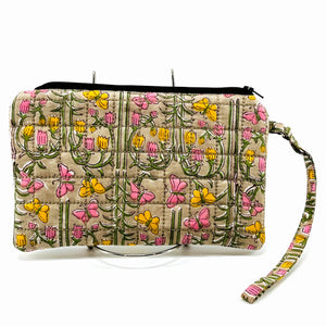 Wristlets : Block Printed Large Cotton Zipper Pouches - Tan Floral