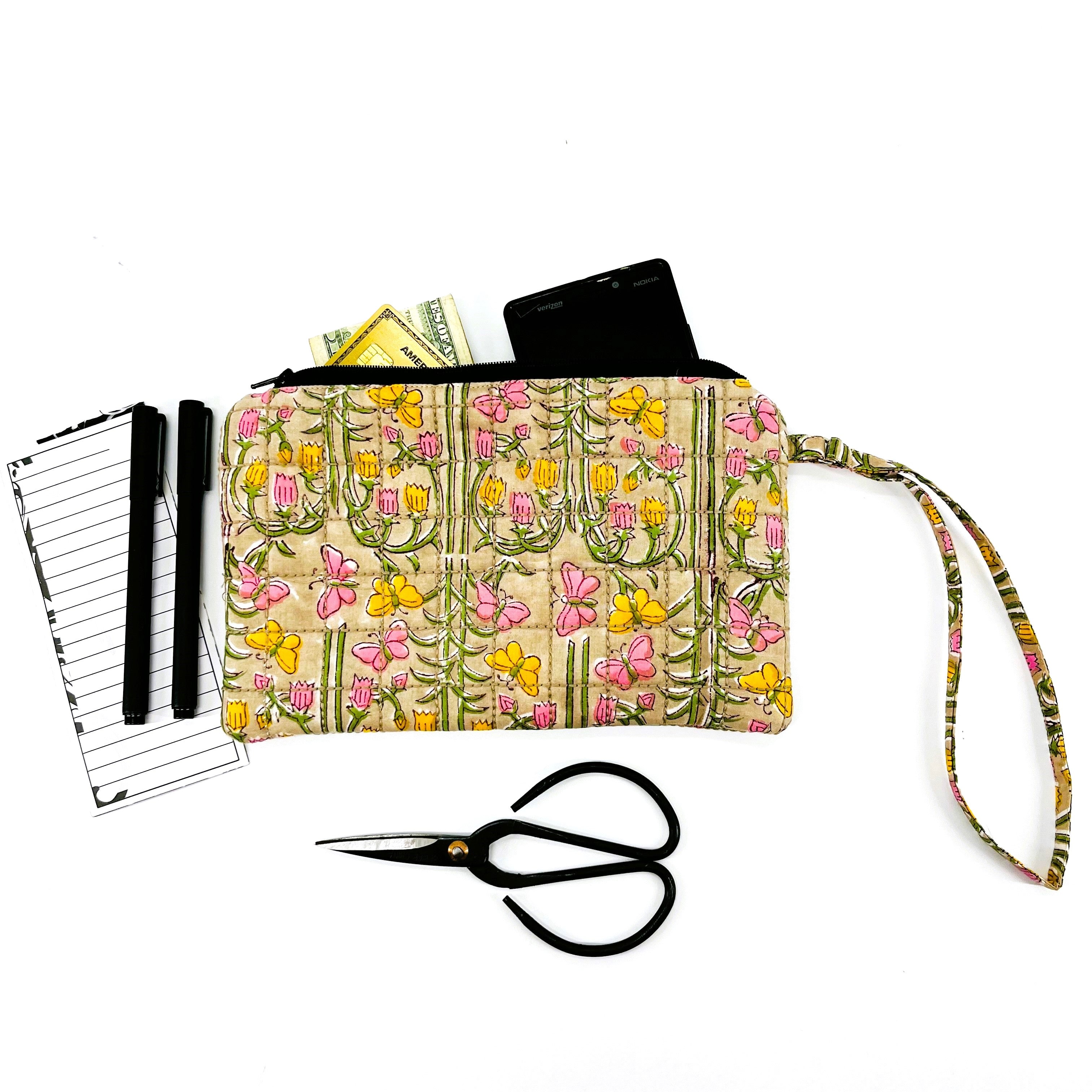 Wristlets : Block Printed Large Cotton Zipper Pouches - Tan Floral