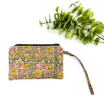 Wristlets : Block Printed Large Cotton Zipper Pouches - Tan Floral