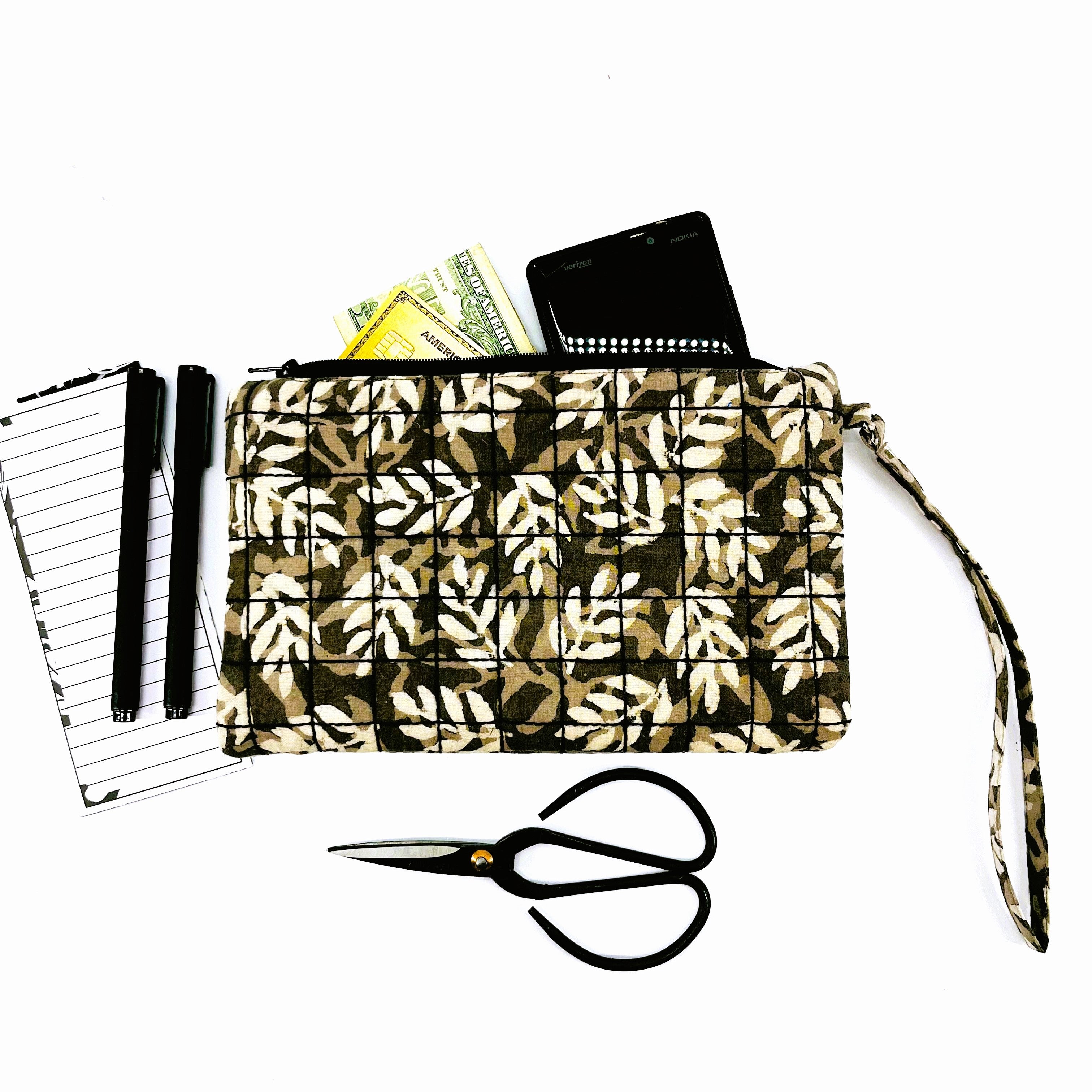 Wristlets : Block Printed Large Cotton Zipper Pouches - Saddle Brown